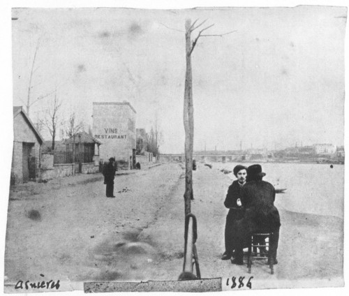 the-old-man-down-the-road:  Photo of the artists Emile Bernard and Vincent Van Gogh (his back to the camera) on the banks of the Seine at Asnieres, 1886. source:  FulcrumPoetry (Facebook) 