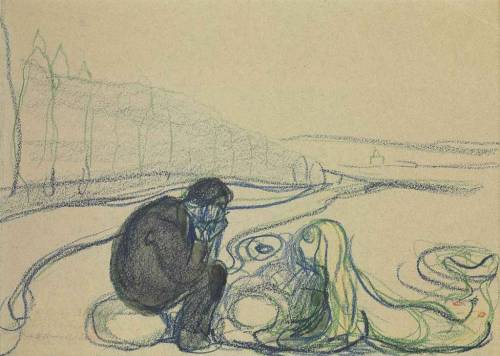 thunderstruck9:  Edvard Munch (Norwegian, 1863-1945), Melancholy Man and Mermaid (Encounter on the Beach), c.1896-1902. Pastel and wash on paper, 25.3 x 34 cm. 