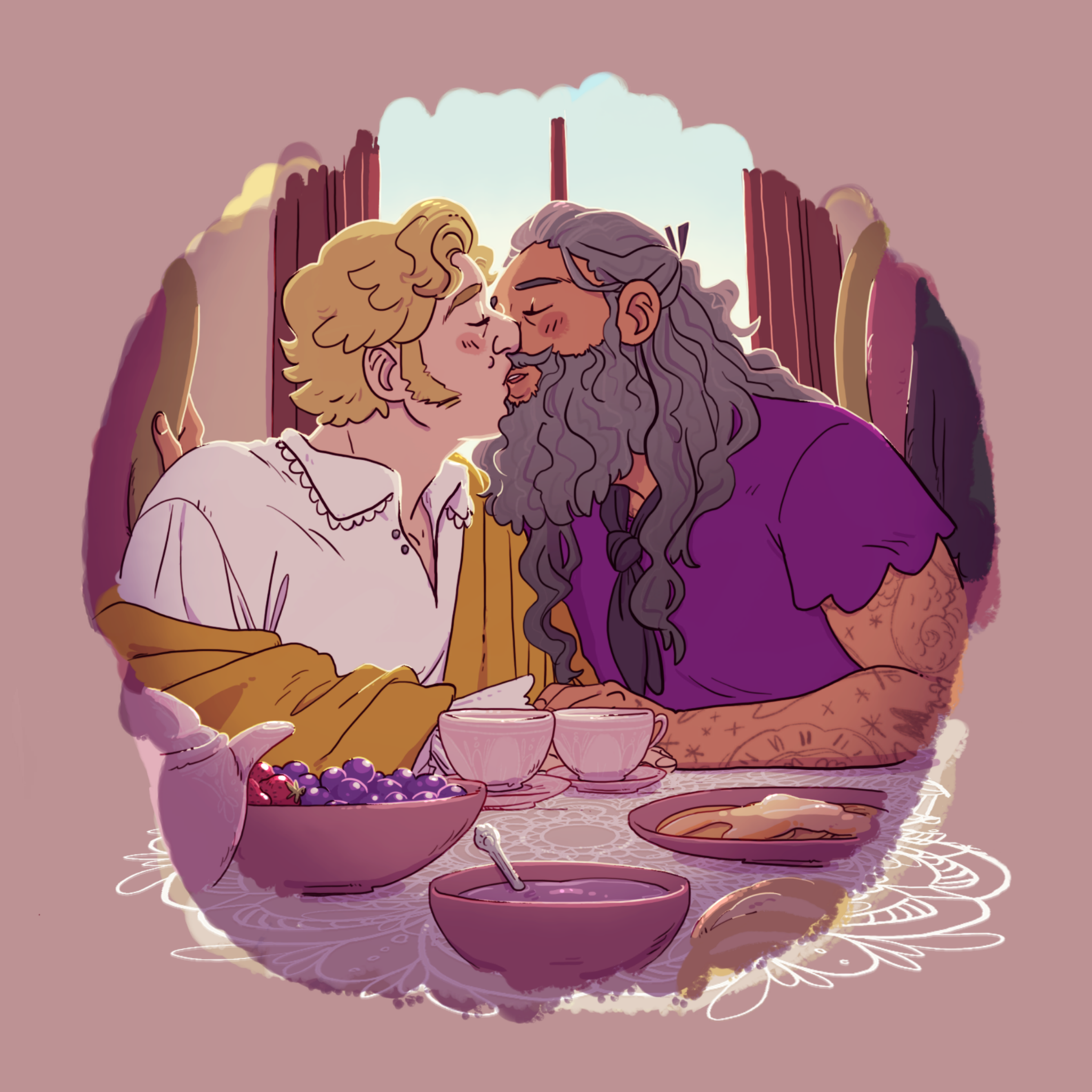 lonicera-caprifolium:I was thinking about if their first kiss happened over breakfast one morning, instead of at the dock(extra version cuz I like both-)
