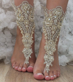 Wedding-Home:  Ooak Champagne Gold Lace Barefoot Sandals, Wedding Shoes, Foot Jewelry,