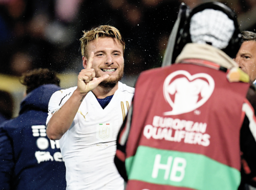 Ciro Immobile celebrates scoring a double with Italy in a 3:2 win against Macedonia