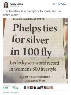 proudblackconservative:  Yes it’s absolutely appalling. I mean who would dare list the well-known, highly decorated, five time Olympian before the lesser-known relative newcomer? This is obviously a case of rampant sexism.   Blame his female editor