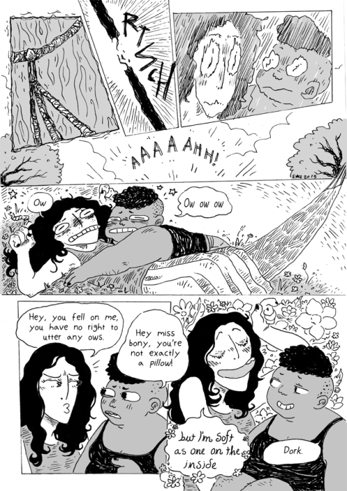 eliasericson:  a spontaneous comic about Diana and Charlie hanging out on a beautiful but far too warm day! comic introducing them is here. Charlie is aro-ace and nonbinary (with a hard time defining exactly how they identify gender-wise). Diana is an