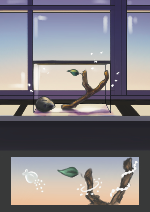 a glass case sits on a classroom window sill there is a stick and a rock in it, and second panel shows a close up of the stick, on it are white mushi