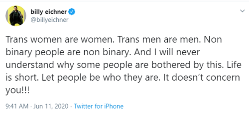 “Trans women are women. Trans men are men. Non binary people are non binary. And I will never unders