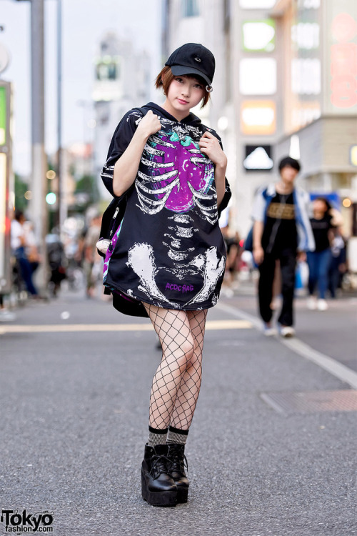 tokyo-fashion: Shiu on the street in Harajuku wearing a skeleton print hooded shirt dress from ACDC 