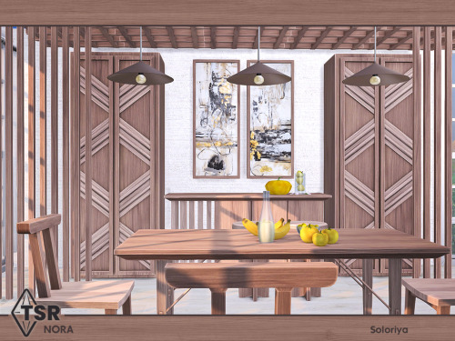 ***Nora*** Sims 4 Includes 11 objects: cabinet, ceiling beams, three ceiling lights, chair, dining t