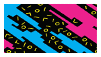 Aesthetic: 80s print of geometric yellow, blue, and pink shapes on a black background.