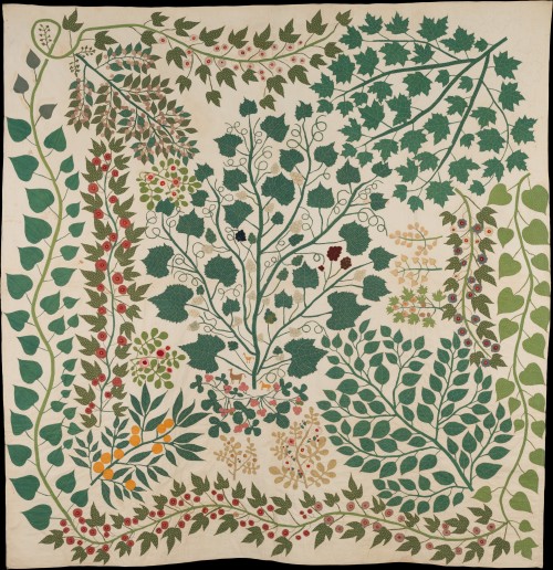 heaveninawildflower:  ‘Branches and Vines’ quilt (circa 1875).  Cotton, silk and wool. Made by  Ernestine Eberhardt Zaumseil (American, 1828–1904) in  Pekin, Illinois.  Image and text courtesy The Met 