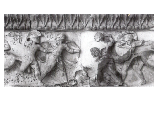 Achilles battles Memnon, East frieze of Siphnian Treasury at Delphi, c. 525 BCE