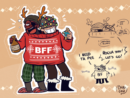 chibigaia-art:soldier and demoman have a shared sweater they use for three days during smissmass and