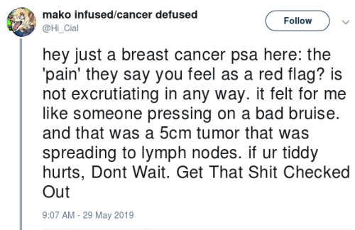 spoonie-living:[Images: Tweets by @Hi_Cial. They read: hey just a breast cancer psa here: the ‘pain’