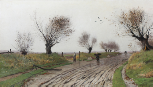 catonhottinroof:Oscar Herschend (185 - 1891) Landscape with a country road on a grey day of fall, 18