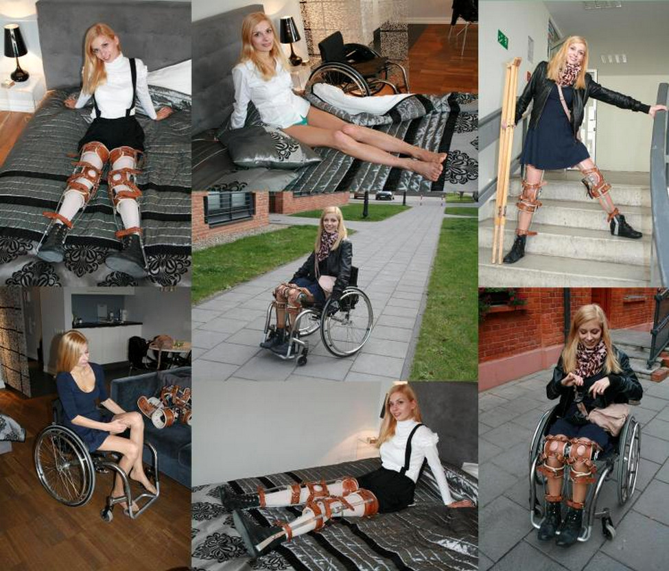 Sexy blonde in wheelchair (pretender) with body cast and braces (Medical Fetish &amp;