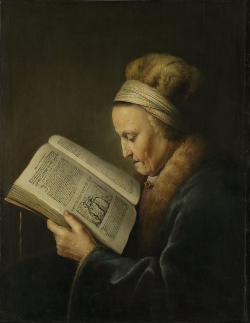 art-of-darkness:Gerard Dou — Old Woman Reading,1632.  Painting: Oil on panel, 71 x 55.5 cm. Rijksmus