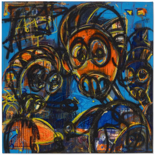 Aboudia (Ivorian, b. 1983), Untitled, 2021. Acrylic, oilstick and paper collage on canvas, 100 x 100