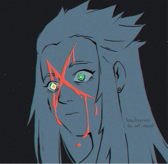 hawberries:  it’s not what hurts the most[alt: a drawing of saix in red and blue,