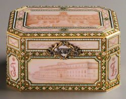 Music box made for the 25th anniversary of Prince Felix Yusupov and Princess Zinaida Yusupova, with views of six of their palaces in enamel - Henrik Wigström for Fabergé,1907.