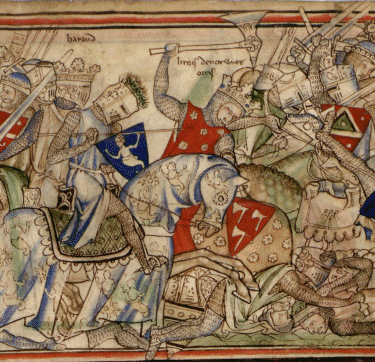 The Battle of Stamford Bridge (1066 AD) Invading Norwegian forces led by Harald Hardrada (wielding t