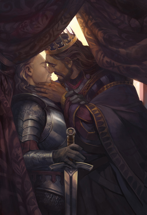 tilathebun:juliedillon:A secret rendezvous in the castle halls! 8)  [ID: art of a man in a crown and ornate robes leaning down to kiss a man in stereotypical knight’s armor holding a sword. The man in the crown has his hand on the knight’s face,