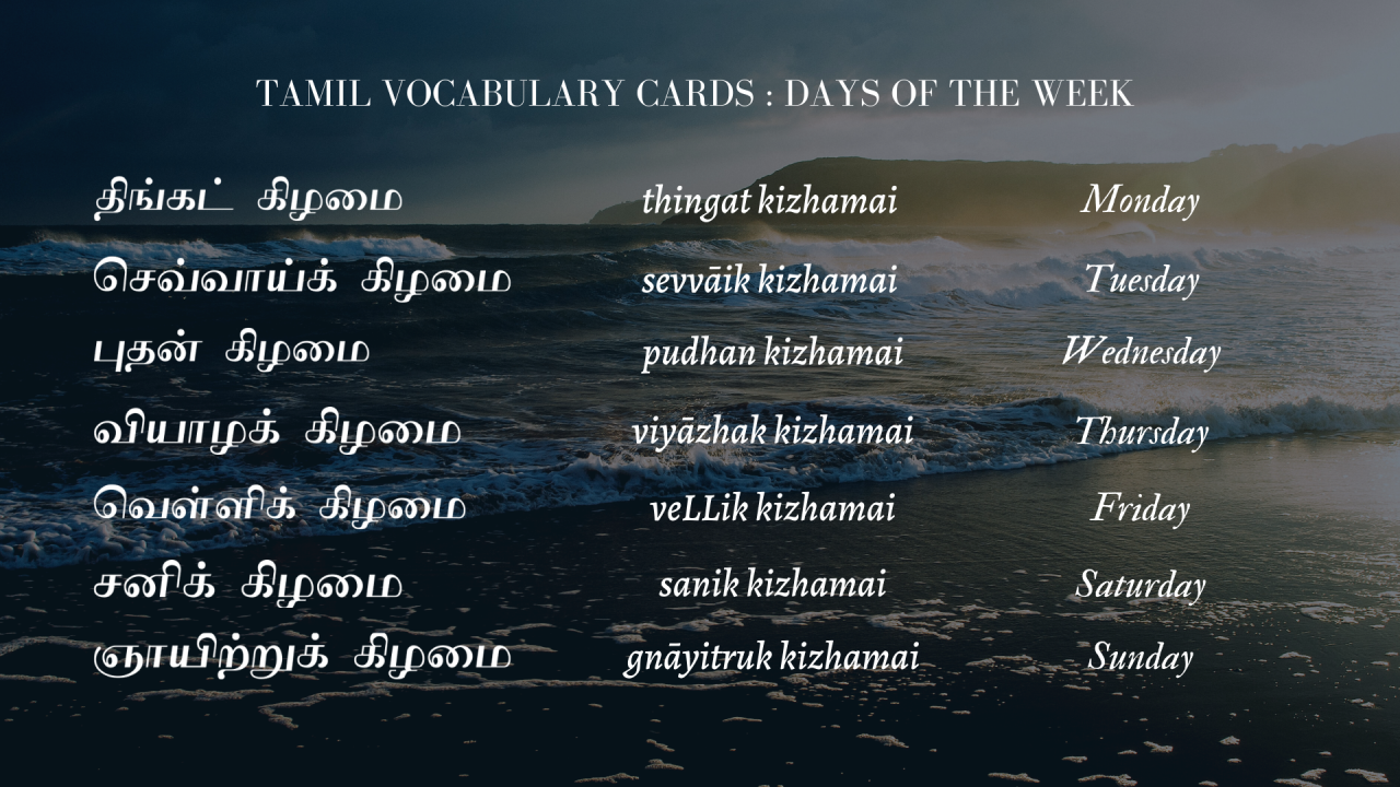 Tamblr TAMIL VOCABULARY CARDS DAYS OF THE WEEK 