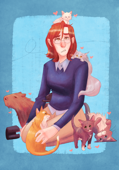 commission for @cloudsnbones, who asked for Kerry surrounded by cats (with a bonus capybara) - she’s