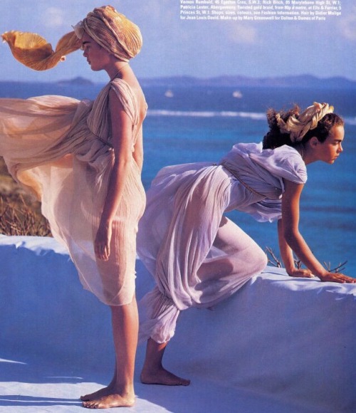 a-little-bit-pre-raphaelite:  detail Greek Girls Picking up Pebbles by the Sea, Frederic Leighton   British Vogue July 1985, photographed by Alex Chatelain