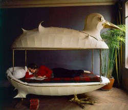 isabelcostasixties:Paris 1967  A woman reclinging on French sculptor and designer Francois-Xavier Lalanne’s seagull canopy bed, Paris, France 1967. Photo by Carlo Bavagnoli