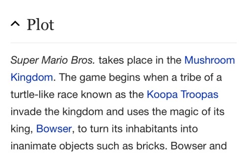 vor-the-voice-of-reason:  deanky:  forkfuck:  mi0da:  name 1 bad thing mario has done. you cant.  In the original story, it’s said that a kind of Koopa Troopa used Bowser’s magic to turn innocent villagers into brick blocks- So, does that make Mario