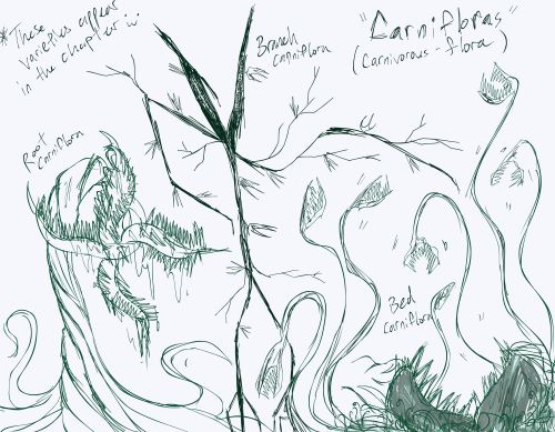 Doodles of the carniflora creatures from Chapter 8 of my RoTT rewrite fic The Eternal Day ^^ And a c