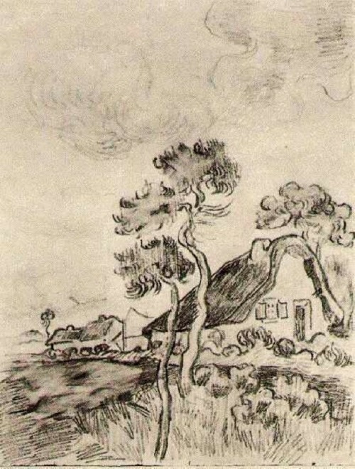 artist-vangogh:  Cottages and Trees, 1890, Vincent van GoghMedium: pencil,paperhttps://www.wikiart.org/en/vincent-van-gogh/cottages-and-trees-1890