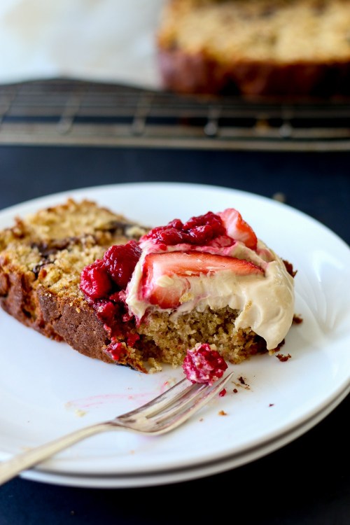 fullcravings:Chocolate Chunk Banana Bread with Espresso Mascarpone