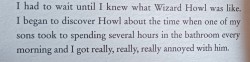 shebsart:Im sick with flu so naturally I picked up my newly bought copy of Howl’s Moving Castle which includes DWJ interviews in the back.And im in love with the way she tells these stories feels like a part of her books.And my favorite:The magic