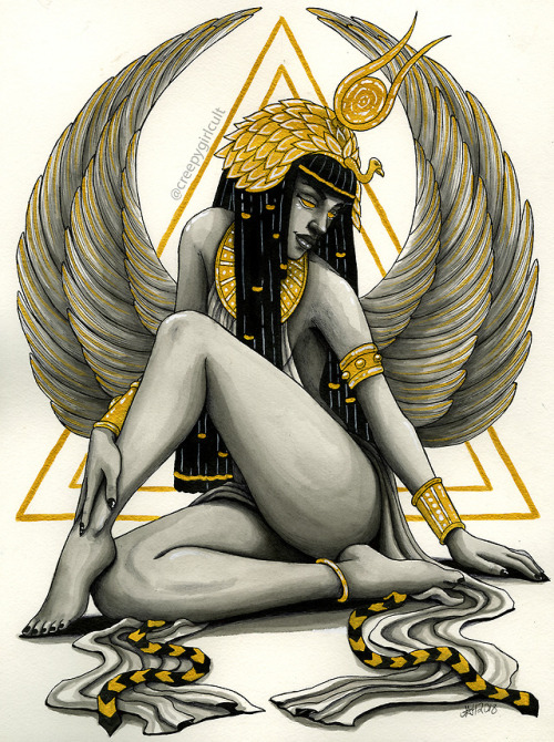 “Bast, Isis, and Hathor” - watercolor and gold acrylic ink - 2018 Artist: creepygir