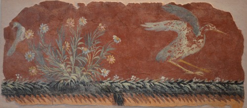 Fragment of a wall-painting depicting flowers and a heron, from a Roman villa near Mt. Vesuvius.  No