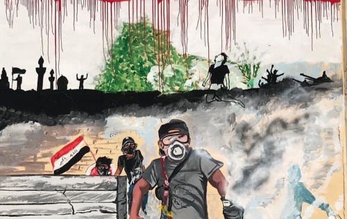 Mural in Baghdad portraying the deadly clashes that have taken place in recent weeks between revolut