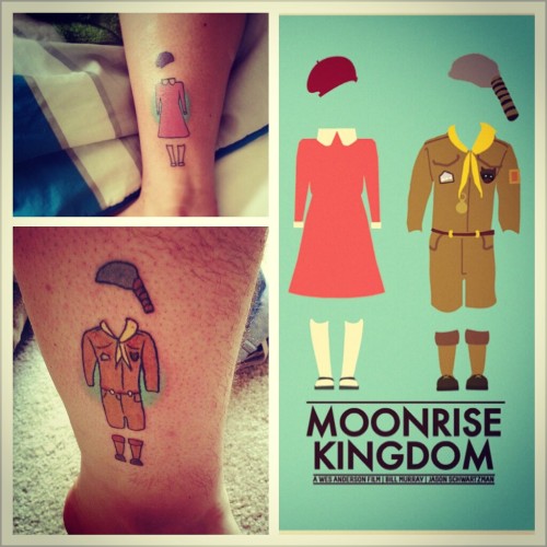 fuckyeahtattoos:My boyfriend and I got Sam and Suzy from Moonrise Kingdom to celebrate our one year.