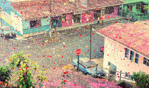 susurrantirritant:  sixpenceee:  It may have looked like a scene out of a dream, but, for one day last year, a town in Central America was covered in 8 million flower petals. While the rain of petals over Costa Rica was all part of a shoot for a Sony