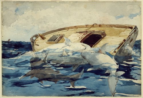 Homer, Winslow. Sharks; also The Derelict. 1885. Brooklyn Museum, New York.Watercolor over graphite 