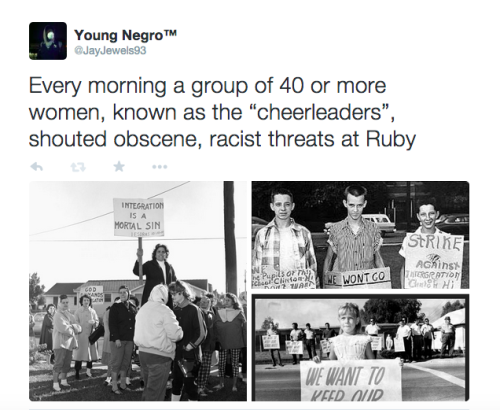 actjustly:Day 11 of #BlackHistoryYouDidntLearnInSchool - Ruby BridgesI recognize that some of y’all learned about Ruby Bridges in school, so did I. But in school, I didn’t realize how difficult and harsh the conditions were for Ruby Bridges. I wasn’t