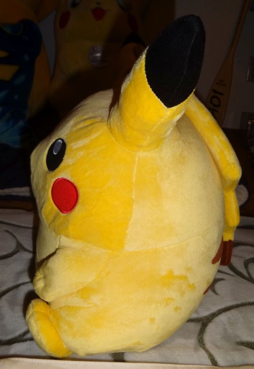 pacificpikachu:   1/1 scale BEAMS x Pokémon Pikachu plush  This amazing plush was released in late 2014, but it is modeled after the early chubby Pikachu design. The special feature of this Pikachu is that it’s not only 1/1 scale size-wise, but it