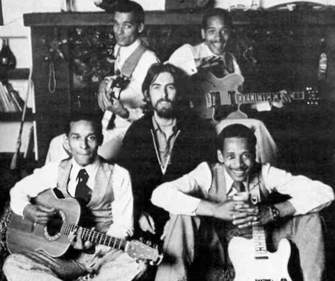 George Harrison with Dark Horse Records band Stairsteps, comprised of Keni Burke, James Burke, Clare