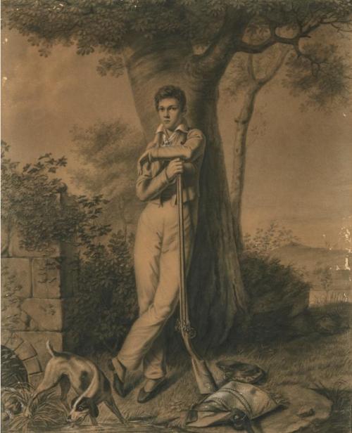 ganymedesrocks:An Elegant  Encounter - Young Hunter around the side of a Tree - French School 19th century - Collections of Hubert de Givenchy