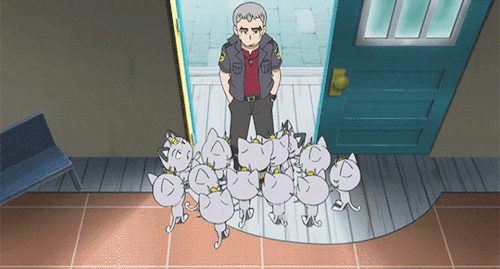 chasekip:Depressed man and his family of supportive cats Meowth