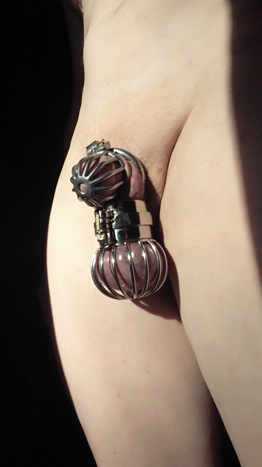 show-us-your-locked-cock:Let out of my Evotion 3D chastity for some photos with matching