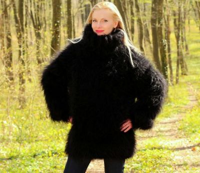 Fuzzy black thick mohair sweater turtleneck hand k... - Tumbex