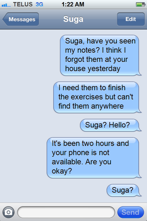 haikyuutexts:  Suga lectured Daichi for sneaking in his house but they ended up smooching. 
