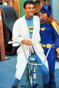 vintagegal:  Adam West and Yvonne Craig on the set of the Batman TV show c. 1960s