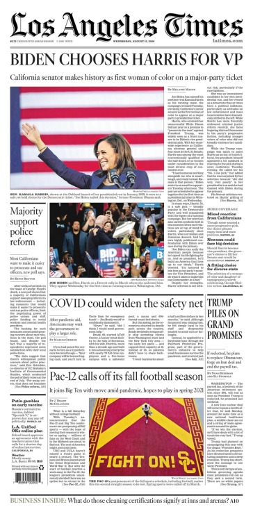 Front page, Los Angeles Times, Wednesday 12 August 2020.