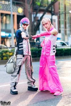 y2kaestheticinstitute: tokyo-fashion: Popular Japanese artist/mangaka Bisuko Ezaki (right) and designer Atch on the street in Harajuku wearing cyber suits by Aika Electronics with Fotus, Product C, Demonia, and New Balance items. Full Looks Loving the